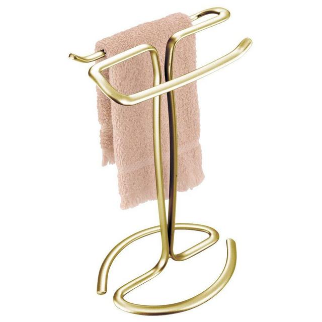 mDesign Decorative Metal Fingertip Towel Holder Stand for Bathroom Vanity Countertops to Display and Store Small Guest Towels or Washcloths - 2-Sided, 13.8" High - Soft Brass