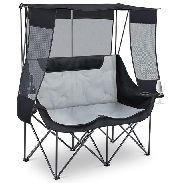 Teenyyou Double Camping Chair with Canopy Shade Oversized 2 Person Camping Sofa Fully Padded Folding Loveseat with Cup Hold and Storage Bag Sturdy for Lawn Beach Fall Outdoor Activities(Black)