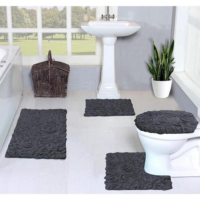 Home Weavers Bell Flower Collection 100% Cotton Tufted Bath Rugs, Extra Soft and Absorbent Bath Rugs, Non-Slip Bath Mats, Machine Washable, Bathroom Bath Mats, 4 Piece Set with Toilet Lid Cover, Gray