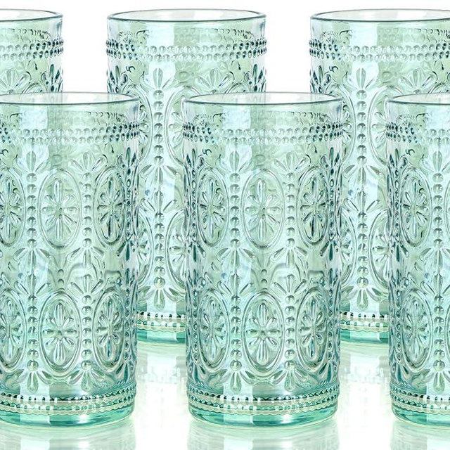 6 Pack Highball Embossed Beverage Glass Cup, 12oz Green Glassware Drinking, Vintage Drinking Glasses, Colored Water Glasses for Party Wedding Home Office and Gift