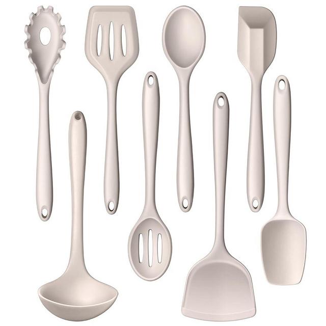 LIANYU 8Pcs Kitchen Cooking Utensils Set, Silicone Cooking Utensil Set, Heat Resistant Kitchen Tools for Nonstick Cookware, Includes Silicone Spatula, Spoon, Ladle, Turner, Dishwasher Safe, Khaki