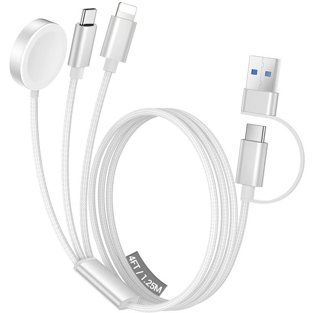Temdan for Apple Watch Charger,3 in 2 USB C Cable for iPhone 16 Charger/Type C/Lightning,Multi Charging Cable Cord,Portable Travel Essentials Designed for iWatch Ultra/SE/10-1&iPhone 16-12-4FT White
