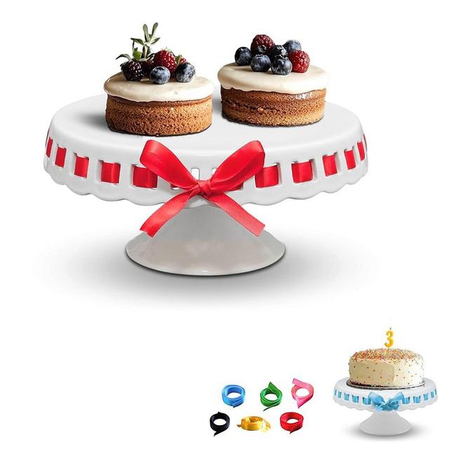Generic Ceramic Cake Stand, 8 inch Small Cake Stand - Cake Pedestal Stand with Ribbons, Cake Stands for Party or Birthday, White Cake Platter - Cake Display Stand for Wedding Reception, Pie Stand