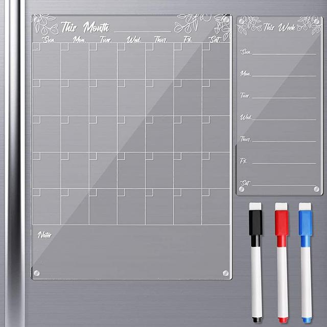 2 Pcs Magnetic Acrylic Calendar for Fridge Clear Dry Erase Monthly and Weekly Calendar Board Reusable Planner Board for Refrigerator Family Kitchen Office Includes 3 Colors Plastic Dry Erase Markers