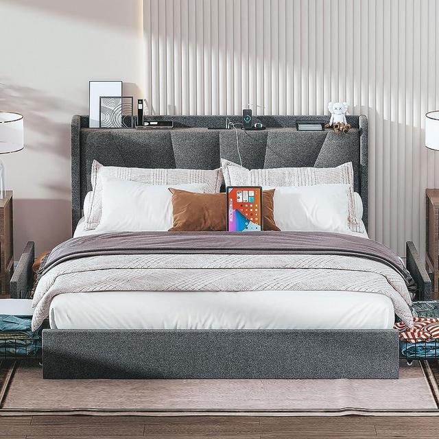 LIKIMIO King Bed Frame and Upholstered Headboard, Platform Bed with Storage Drawers and Outlets, Sturdy, Noiseless, No Box Spring Needed, Easy Assembly
