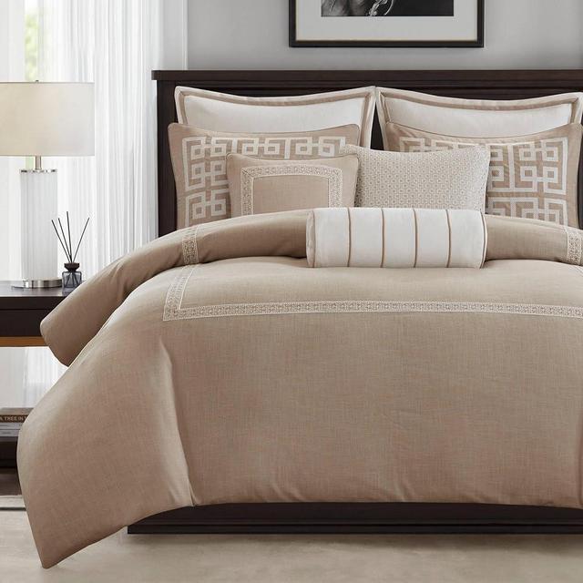 Madison Park Signature King Comforter Set Hotel Style Embroidered, Oversized Comforters King Size Bed, All Season Down Alternative Overfilled King Size Comforter, Jarvis, King Taupe 9 Piece