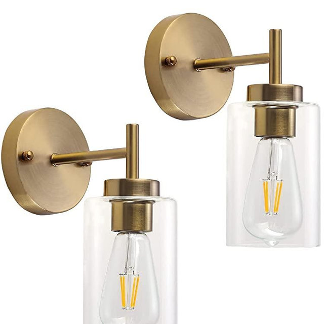 Gold Wall Sconces Set of Two, Brass Gold Vanity Lights for Bathroom, Rustic 1 Light Wall Light Fixtures, Farmhouse Industrial Wall Lamp with Glass Shade for Living Room Bedroom Entry Hallway Foyer