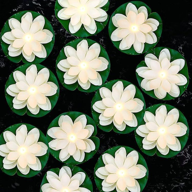 Hortsun 12 Pcs Floating Pool Lights Artificial Lotus Lamp Lotus Floating Lanterns LED Lifelike Flower Light Battery Operated Pad Swimming Pool Decorations(Include Batteries)(5.91 Inch,White)