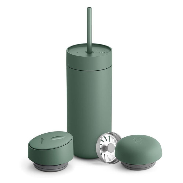 Fellow 16 oz Carter Bundle (3 in 1) Travel Mug with Slide-Lock, Move & Cold Lids with Straw - To-Go Coffee Tumbler, Ceramic Interior & Vacuum-Insulated Stainless Steel - Coffee Cups-Smoke Green