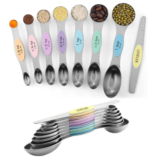 ChefAide Pack of 8 Stainless Steel Magnetic Measuring Spoons Set, Dual Sided, Stackable, Adjustable Teaspoon and Tablespoon Measure Spoon with Leveler, Kitchen Gadgets