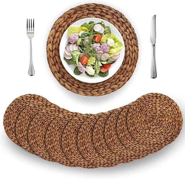(4 Sizes: 12"-13"-14"-15") BARIEN Brown Woven Placemats Round Set of 10, Natural Water Hyacinth Weave Placemat for Dining Table, Large Handmade Woven Placemats Heat Resistant Non-Slip (12" - Set 10)