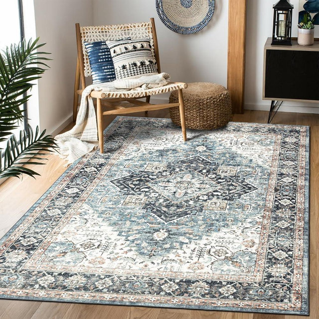Domitapis Area Rug 5×7, Vintage Boho Rug,Ultra-Soft Low Pile, Washable, Non Slip,Stain Resistant Printed Carpet for Living Room Bedrooms Playroom Office Kitchen, Blue/Navy
