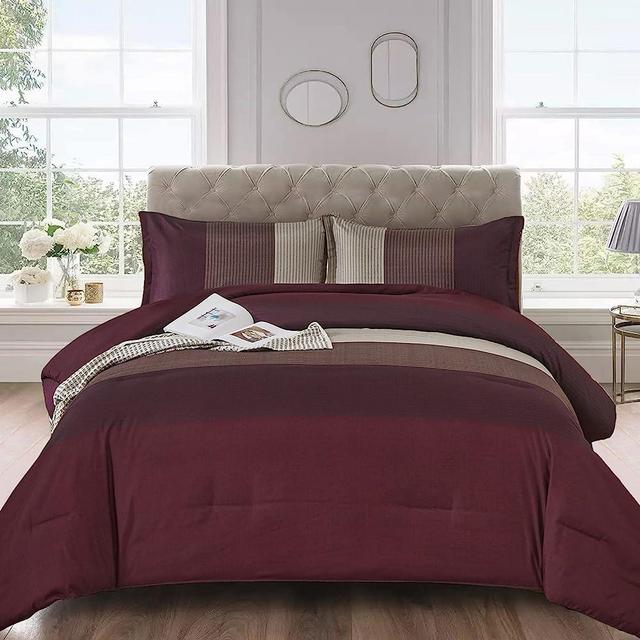 Burgundy Comforter Set Queen, Reversible Burgundy Brown Stripe Down Alternative Comforter for All Season,3 Pieces(1 Patchwork Comforter+2 Pillowcases), Soft Microfiber Bedding Duvet Set 90”×90”