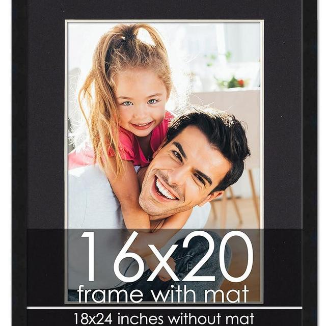 16x20 Frame with Mat - Black 18x24 Frame Wood Made to Display Print or Poster Measuring 16 x 20 Inches with Black Photo Mat