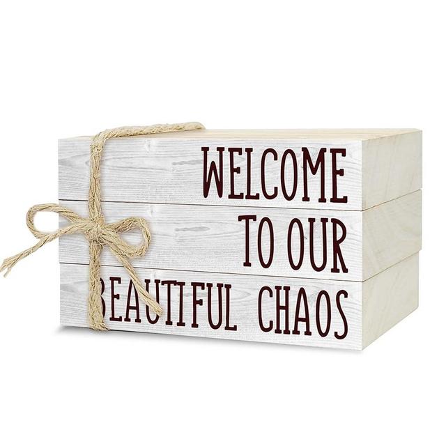 Decorative Books For Home Decor, Rustic Wood Book Stack For Table Decor, Welcome To Our Beautiful Chaos Decor Books For Living Room Bookshelf, Farmhouse Stacked Books Decor (L20)