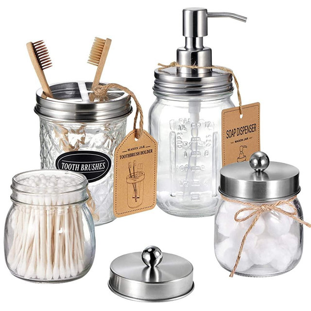 Mason Jar Bathroom Accessories Set(4 Pcs) -Lotion Soap Dispenser & 2 Cotton Swab Holder &Toothbrush Holder-Rustic Farmhouse Decor ,Countertop Vanity Organize，Bathroom Home Decor (Brushed Nickel)