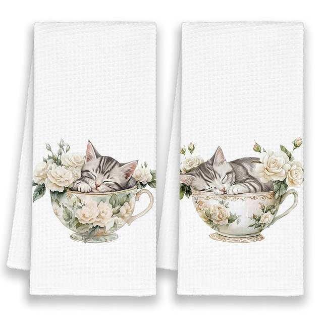Xmsaitar Cute Cat Kitten Tabby Kitchen Towels Set of 2, Funny Floral Tea Cup Hand Towels Gifts for Bathroom Cat Lovers, Vintage Cottagecore Tea Dish Towel Decor for Dorm Home 16x24in
