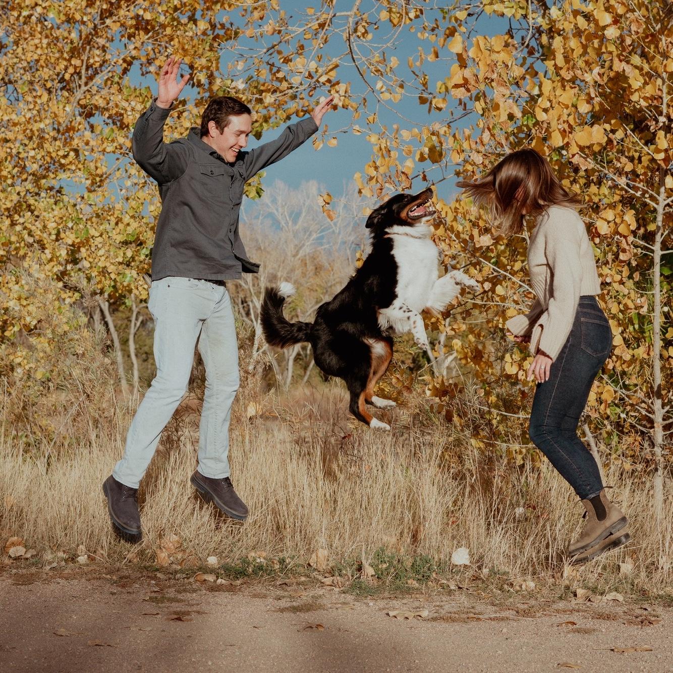 Engagement photos at Chatfield State Park. Rueben is jumping for joy that his parents are getting married!