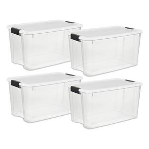 Sterilite 19889804 70 Quart/66 Liter Ultra Latch Box, Clear with a White Lid and Black Latches, 4-Pack