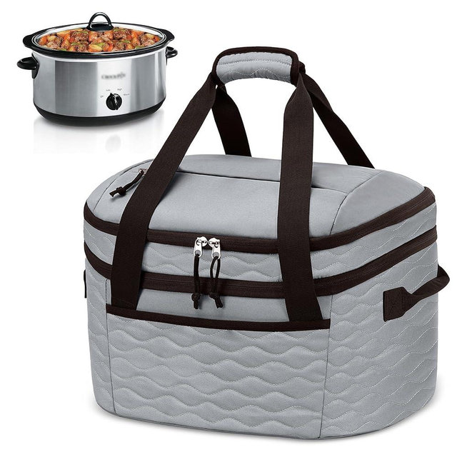 LUXJA Insulated Slow Cooker Carrying Bag Compatible with Crock Pot 6-8 Quart, Oval Double Layer Slow Cooker Travel Bag with Lid Fasten Straps, Gray