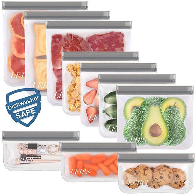 10 Pack Dishwasher Safe Reusable Storage Bags, Extra Thick Leakproof Reusable Freezer Bags (4 Sandwich Bags, 3 Snack Bags, 3 Gallon Bags) with PEVA and Silicone material for Picnics Travel Home, Grey