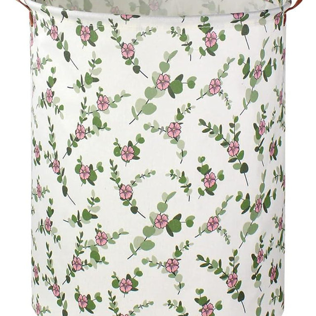 NTAOHAMPER Large Round Canvas Linen Laundry Hamper,Waterproof Storage Bin for Books/Clothes, Laundry Basket, Gift Basket(Eucalyptus leaves)