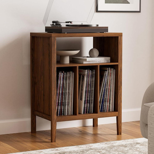 MoomJiee Modern Record Player Stand, Vinyl Record Storage Cabinet with Open Shelf, Wood Records Player Table Cube Storage Organizer for Living Room, Office, Brown