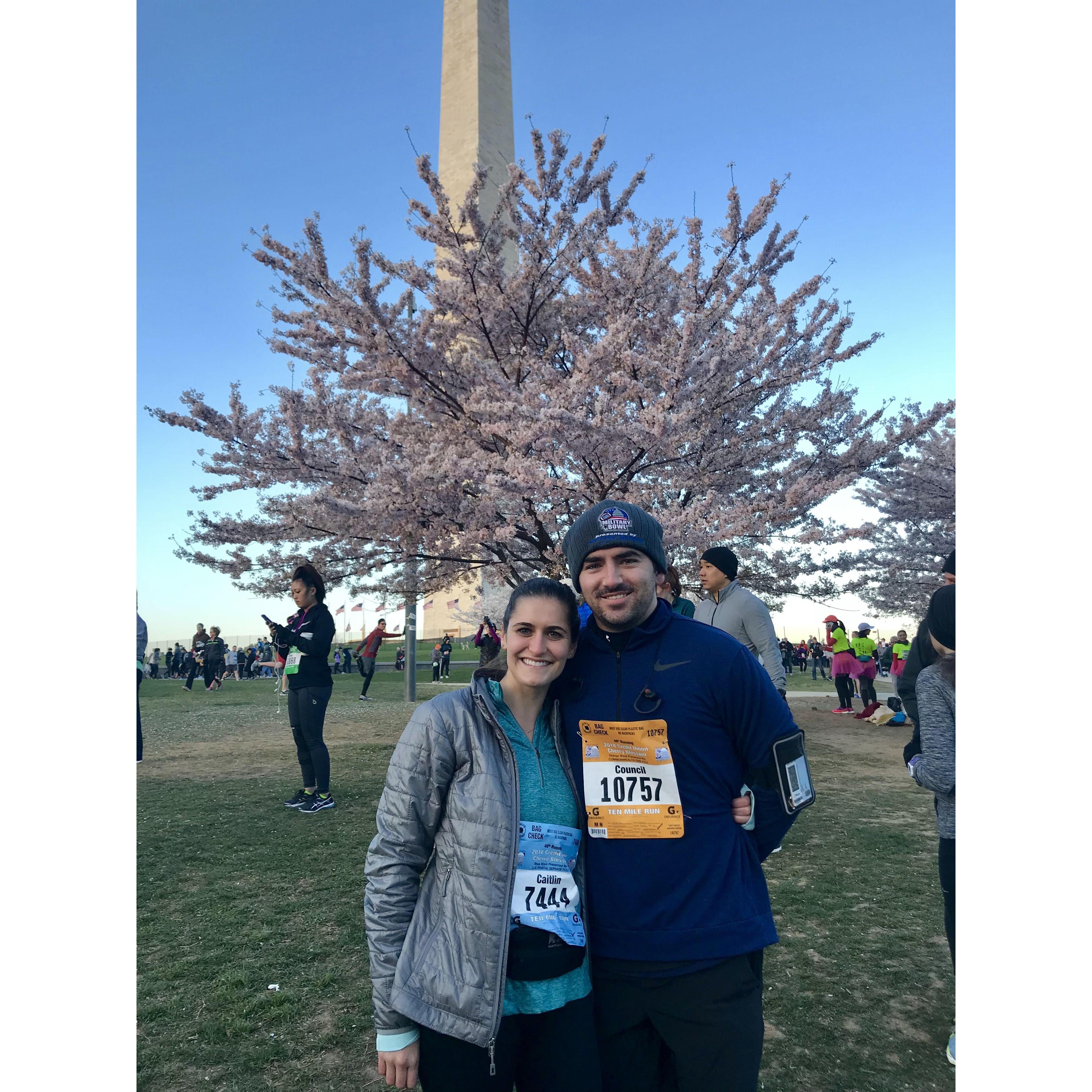 We ran the Cherry Blossom 10 miler together. James wanted to impress Caitlin so he ran it with her. They ran the entire race together, until James sprinted ahead for the last 200 yds...
