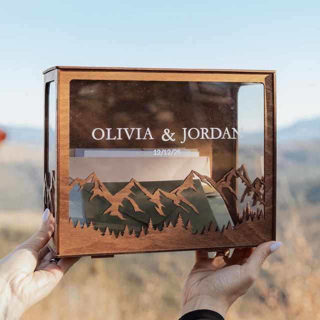 Mountain Shape Card Box with Slot for Wedding, Wedding Post Card Box, 2b1Wedding Décor, Reception Wooden Personalized Money Box for Cards