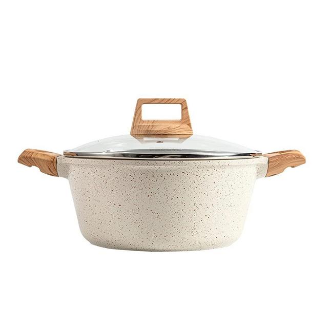 Carote 4.3 Quart Casserole Dish with Lid, Nonstick Cast Aluminum Dutch Oven, Stockpot with Glass Cover, WHITE GRANITE