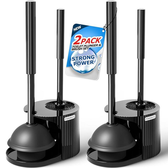 FORASTO 2Pack 2 in 1 Toilet Brush and Plunger Set, Extended Handle Plunger,Toilet Bowl Brush Plunger Set,Bathroom Cleaning Tools,Toilet Brush Plunger Combo,Cleaning Supplies，Black