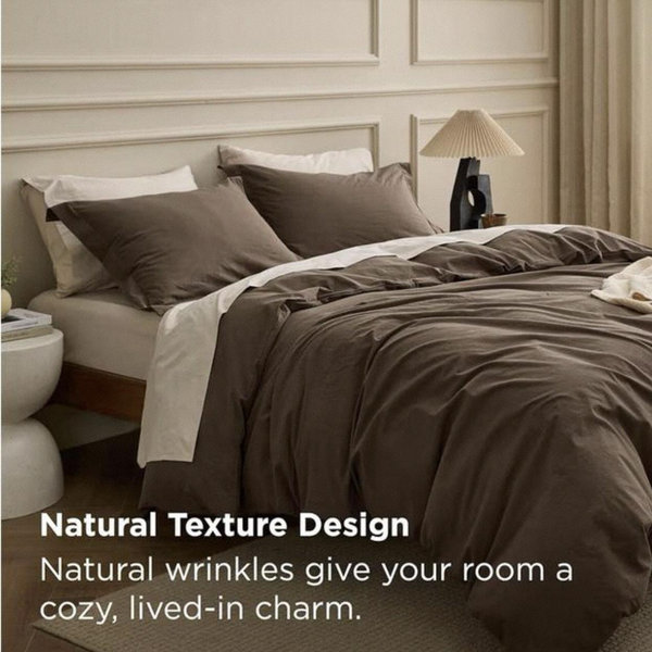 Bedsure 100% Washed Cotton Duvet Cover Oversized King - Brown Minimalist Bedding Set Linen Like - PureWoven Plain Simple & Soft Comforter Cover for All Seasons (Brown, Oversized King, 120"x98")