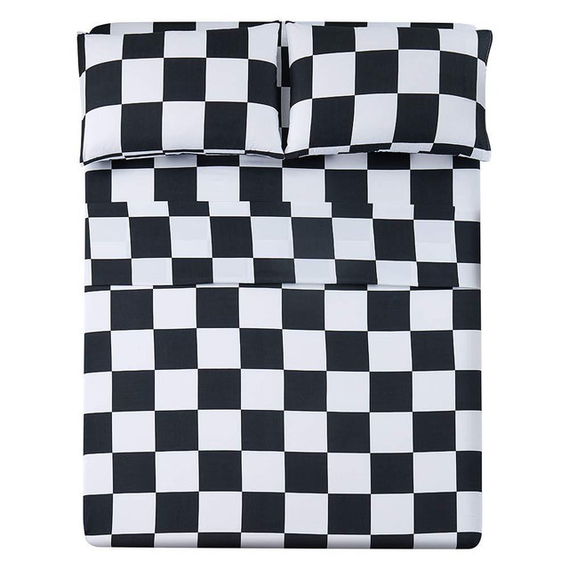 Bed Sheet Set 3 Pieces -Twin Size-Soft Durable Microfiber Bedding Sheet Set,Deep Pocket,Stain,Fade & Wrinkle Resistant (Plaid Black&White)