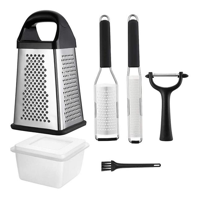 4-Piece Grater Set with 4-Sided Stainless Steel Box Grater,Set of 2 Grinders, Fruit&Vegetable Y-Peeler,and Cleaning Brush for Parmesan Cheese, Ginger,Lemon,Garlic,Nutmeg,Chocolate,Vegetables and Fruit