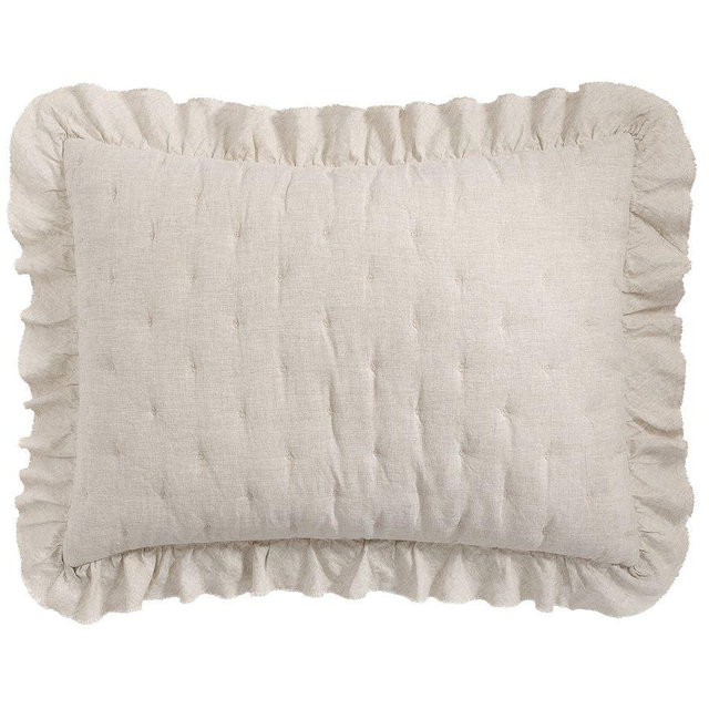 Belgian Flax Linen Ruffle Tufted Quilted Sham, Flax, Standard, Set of 2