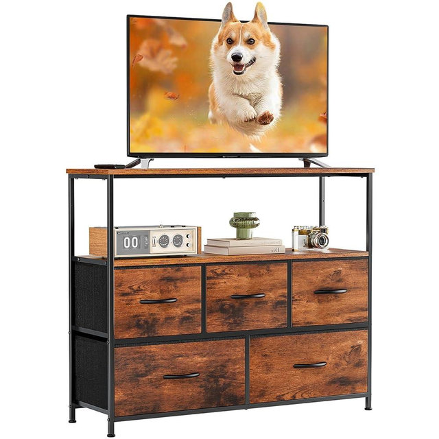 DUMOS TV Stand Dresser for Bedroom with 5 Fabric Drawer,Entertainment Center for 45 inch Television, Media Console Table with Storage, Open Shelf, Adjustable Feet, Living Room Furniture, Brown