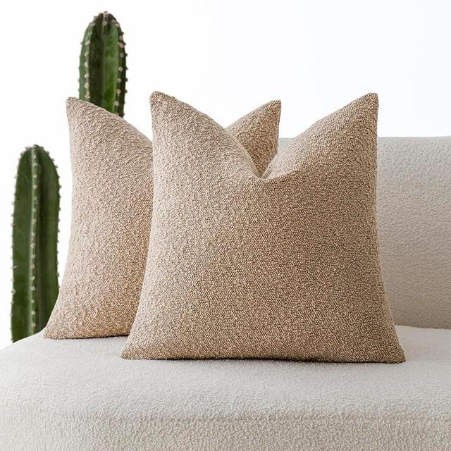 Foindtower Set of 2, Decorative Textured Boucle Throw Pillow Covers Accent Solid Pillow Cases Soft Cozy Couch Cushion Case for Chair Sofa Bedroom Living Room Home Decor 24 x 24 Inch Taupe Khaki Camel