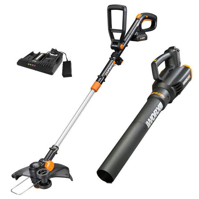 WORX WG930.2 20V PowerShare 10\" Cordless String Trimmer & Turbine Blower Combo Kit, (2) 2.0Ah Batteries and Dual Charger