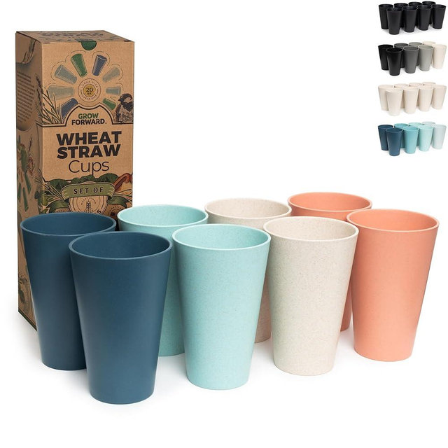 Grow Forward Premium Wheat Straw Cups - 20 oz Unbreakable BPA Free Hard Plastic Cups - Reusable Lightweight Plastic Drinking Glasses for Kitchen, Outdoor, Water, Camping, RV - Tropical
