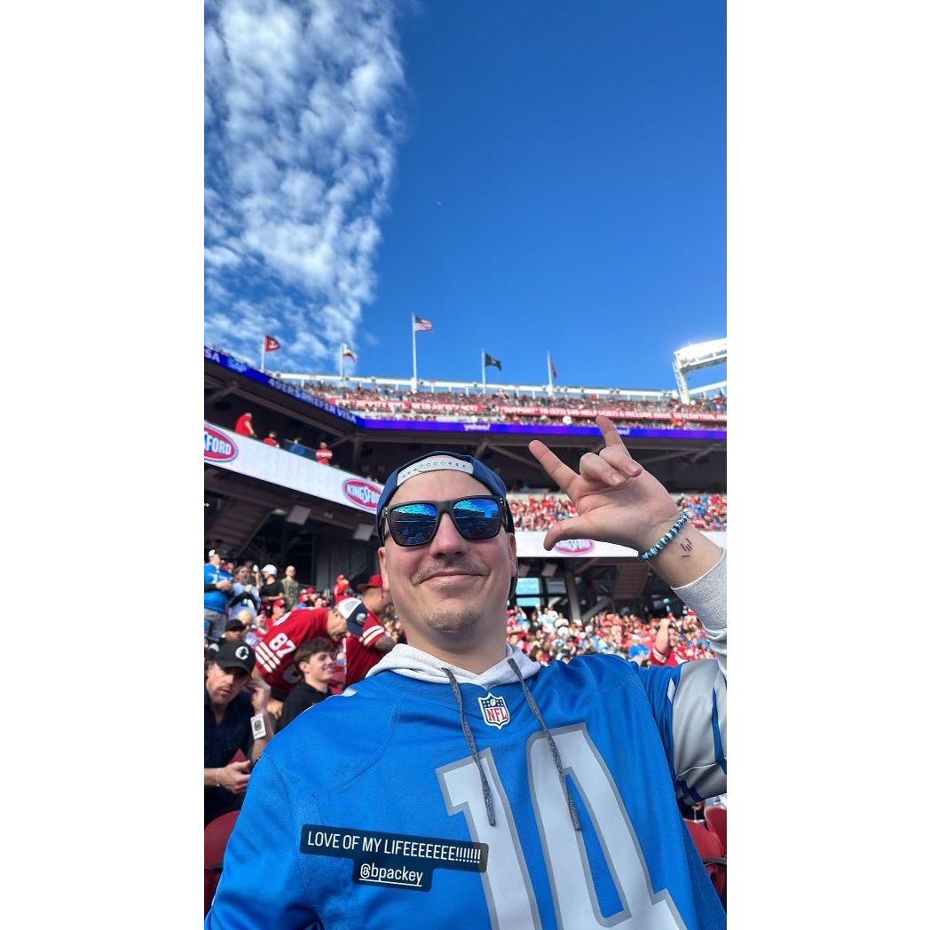 1/28/24 Brian & I visited SF where I hold near & dear to my heart. We got matching "I love you" in ASL tattoos, which Brian used to signal to me as we'd walk away. We also went to a Lions game :( -CF