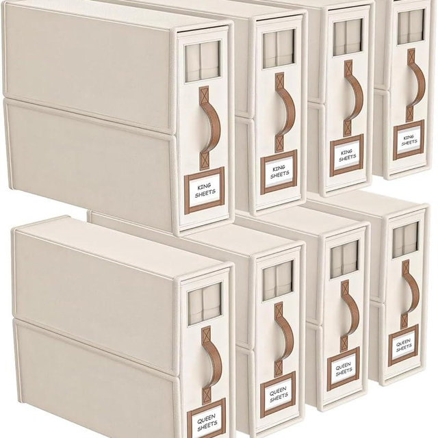 BigPonPon 8 Pack Bed Sheets Organizers and Storage (King Size), Foldable Organizer With Handle for Linen Closet, Bedding Storage for Sheets, Duvet Cover (Beige)