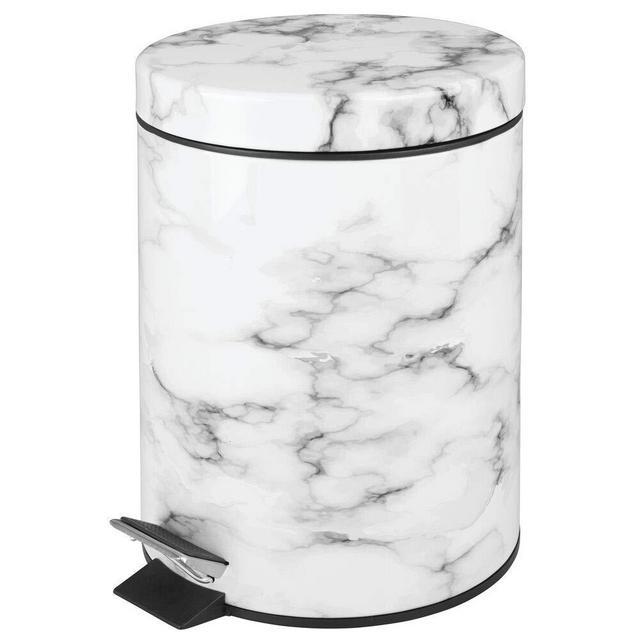 mDesign 5 Liter Round Small Step Trash Can Wastebasket, Garbage Container Bin for Bathroom, Powder Room, Bedroom, Kitchen, Craft Room, Office - Removable Liner Bucket, Hands-Free Design - Marble Print