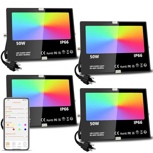 MELPO LED Flood Light Outdoor, 500W Equivalent 5000LM Smart RGB Landscape Lighting with APP Control, DIY Scenes - Timing - Warm White 2700K - Color Changing Uplight, IP66 Waterproof US Plug (4 Pack)