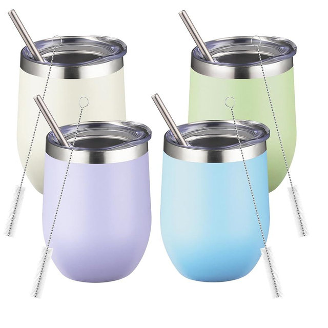 12oz/4 Pack Stainless Steel Wine Tumbler with Lids, Double WallVacuum Stainless Steel Travel Tumbler,Insulated Wine GlassesTravel Tumbler for Cold & Hot Drinks,Cup for Champaign Coffee(Cool color)