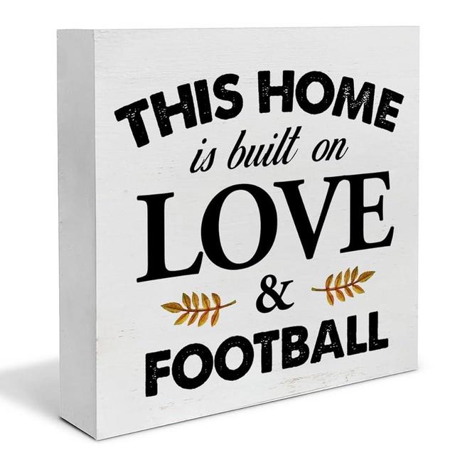Football Wood Box Sign Art Desk Decor Football Lover Wood Block Sign This Home Is Built on Love and Football Sign Decor 5 X 5 Inches for Tabletop Shelf Desk Wall