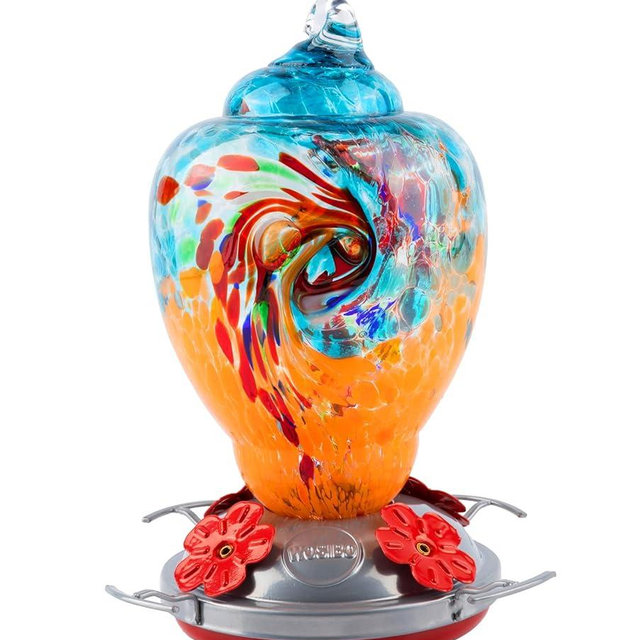 WOSIBO Hummingbird Feeder for Outdoors Patio Large 32 Ounces Colorful Hand Blown Glass Hummingbird Feeder with Ant Moat Hanging Hook, Rope, Brush and Service Card (Blue-Orange)