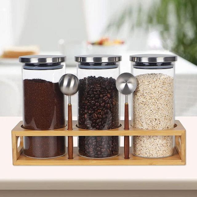 Coffee Canister for Ground Coffee, Coffee Container for Coffee Bean Storage, Glass Food Storage Containers with Lids Airtight Stainless, Coffee Storage Jars Shelf and Spoon, Tea Sugar Coffee Grounds Container Set