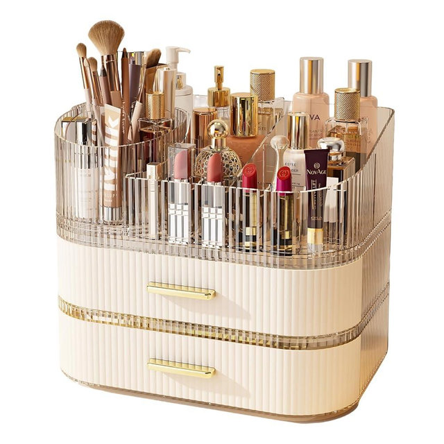 Makeup Organizer with 360 Rotating Brush Holder and Stackable Drawers, Cosmetic Display Case for Vanity, Bathroom Countertop (White, 3 Layer)