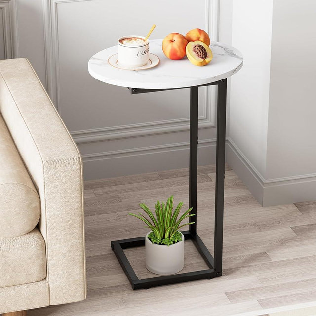 Katrawu C Shaped End Side Table, Small Oval Couch Sofa Table for Bed, Snack Side Table with Metal Frame, TV Tray Table with White Marble for Small Space, Living Room, Bedroom, Bedside, Black