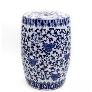 Blue Garden White Lotus Ceramic Drum Stool